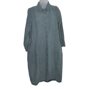 Women Linen Shirt Dress Medium Blue Long Sleeve Snap Front Lagenlook‎ Oversized